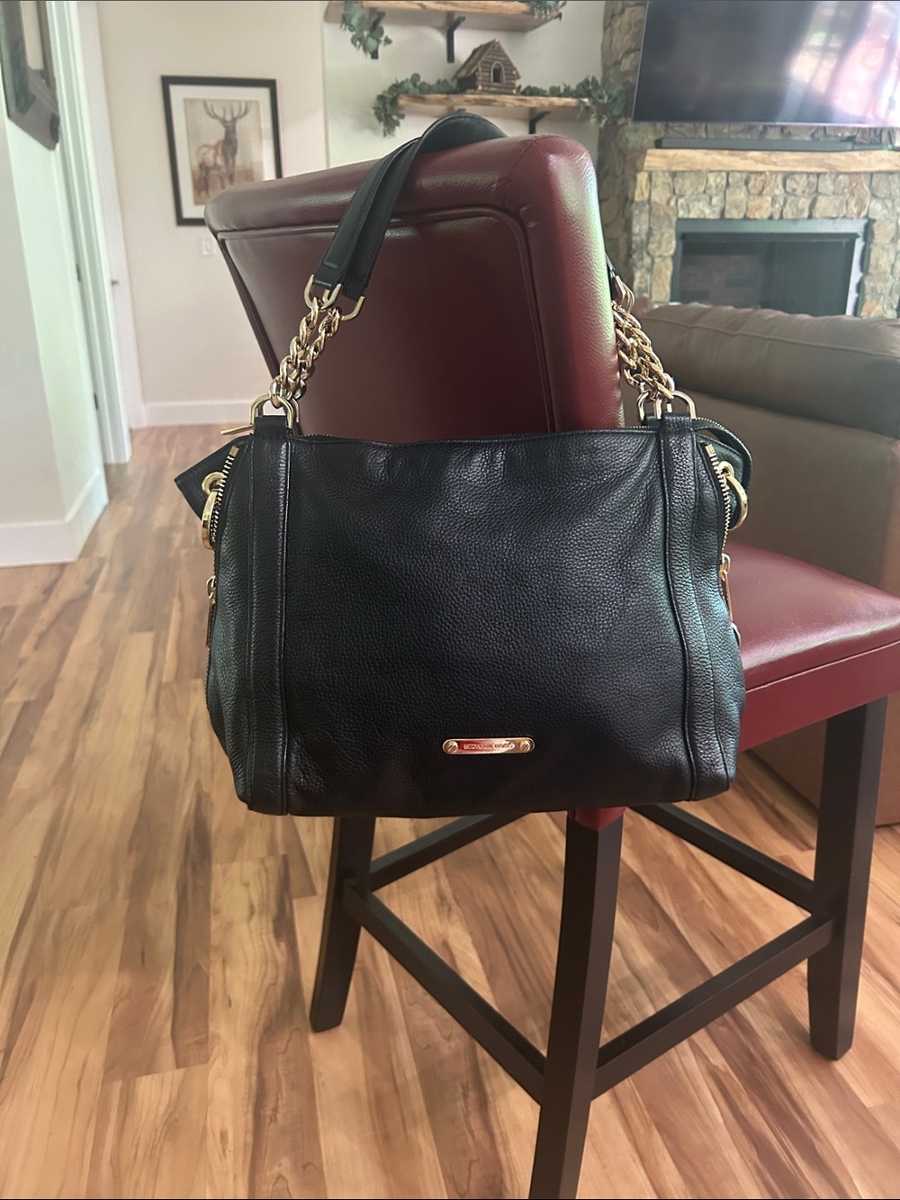 Michael Kors Black Leather Shoulder Bag with Gold Chain Accents